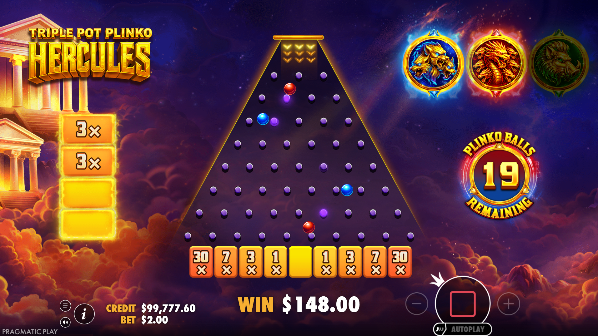 Triple Pot Plinko - Hercules plinko bonus feature with balls dropping down the pyramid