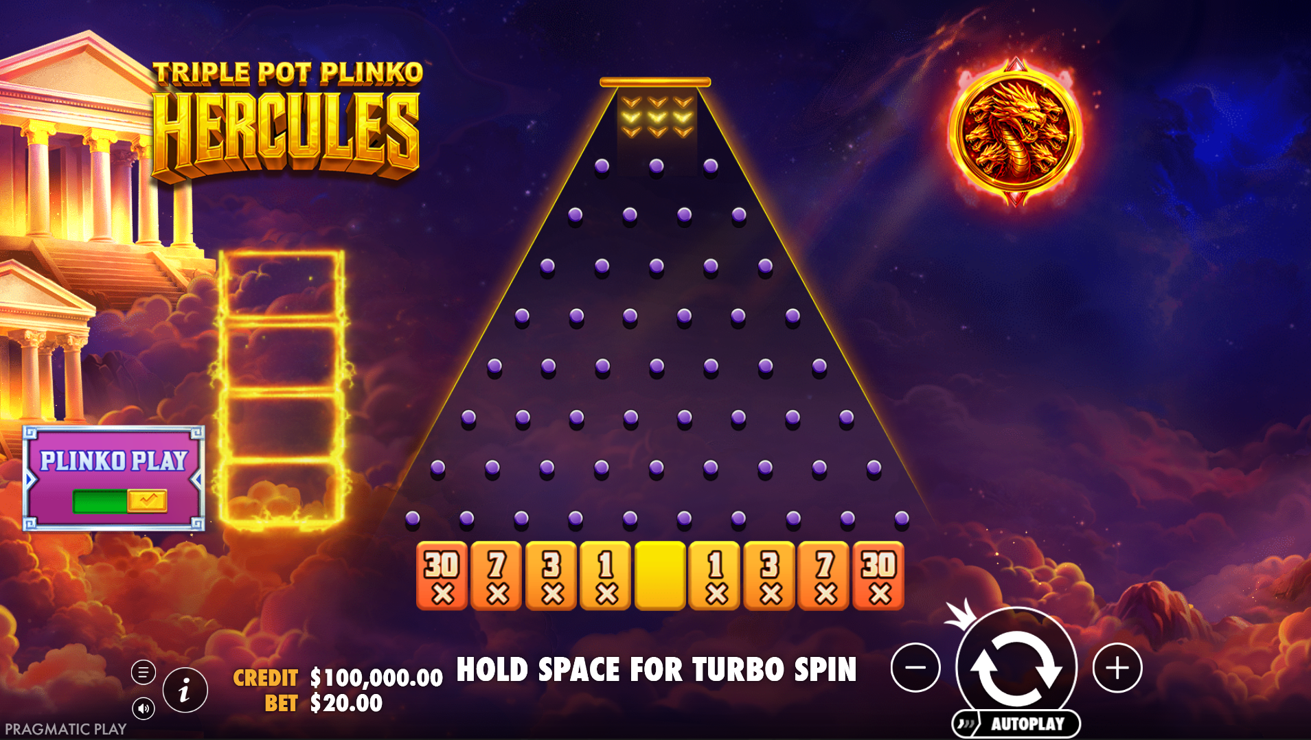 Triple Pot Plinko - Hercules with plinko play activated showing the pyramid and balls