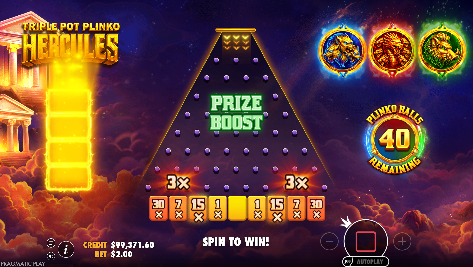 Triple Pot Plinko - Hercules super bonus with 40 plinko balls dropping down the pyramid