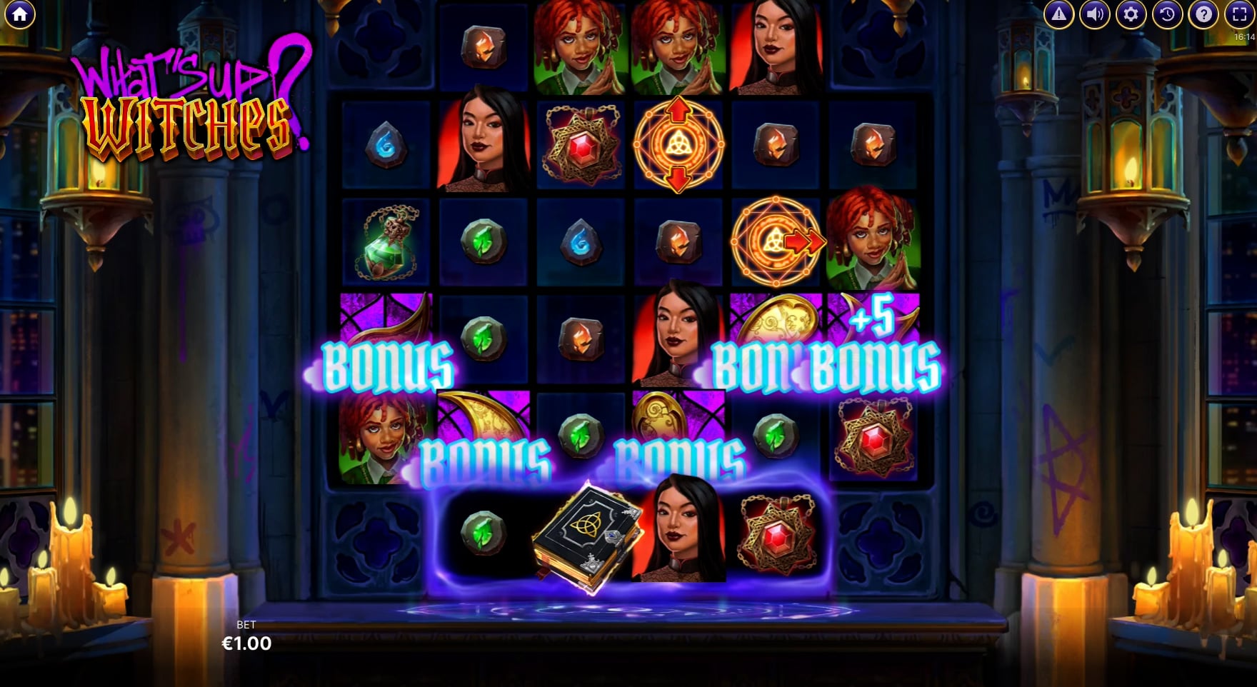 What's Up Witches Free Spins bonus trigger screenshot showing scatter symbols