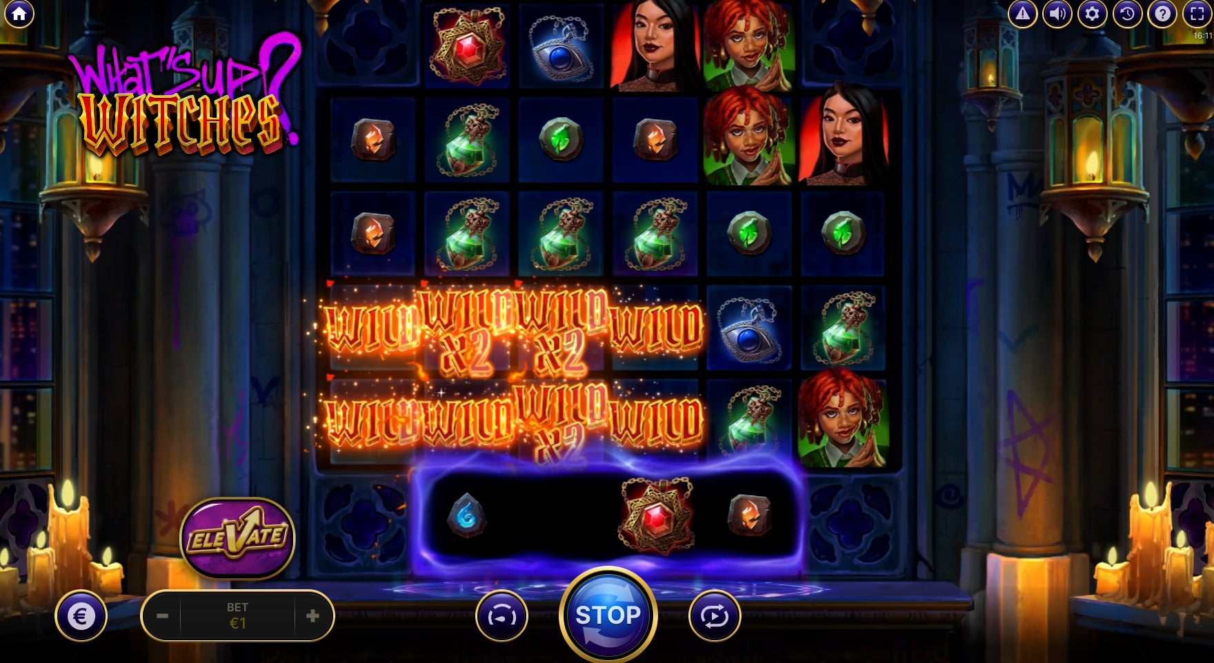 What's Up Witches Wild Win screenshot showing multiplier wilds in action