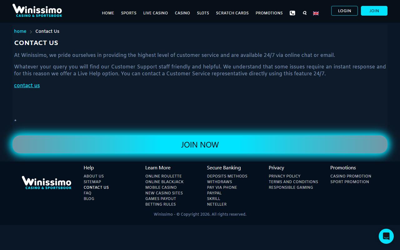 Winissimo Casino support screenshot