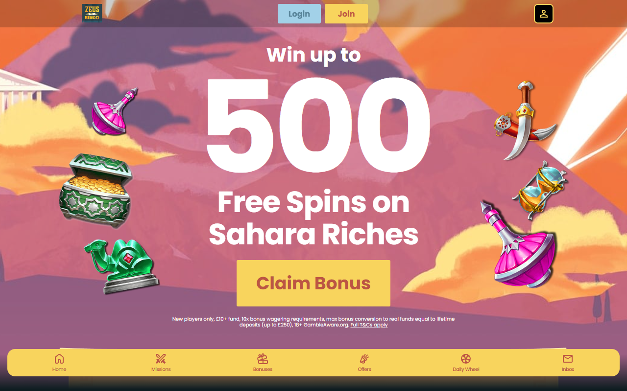 Zeus Bingo homepage screenshot