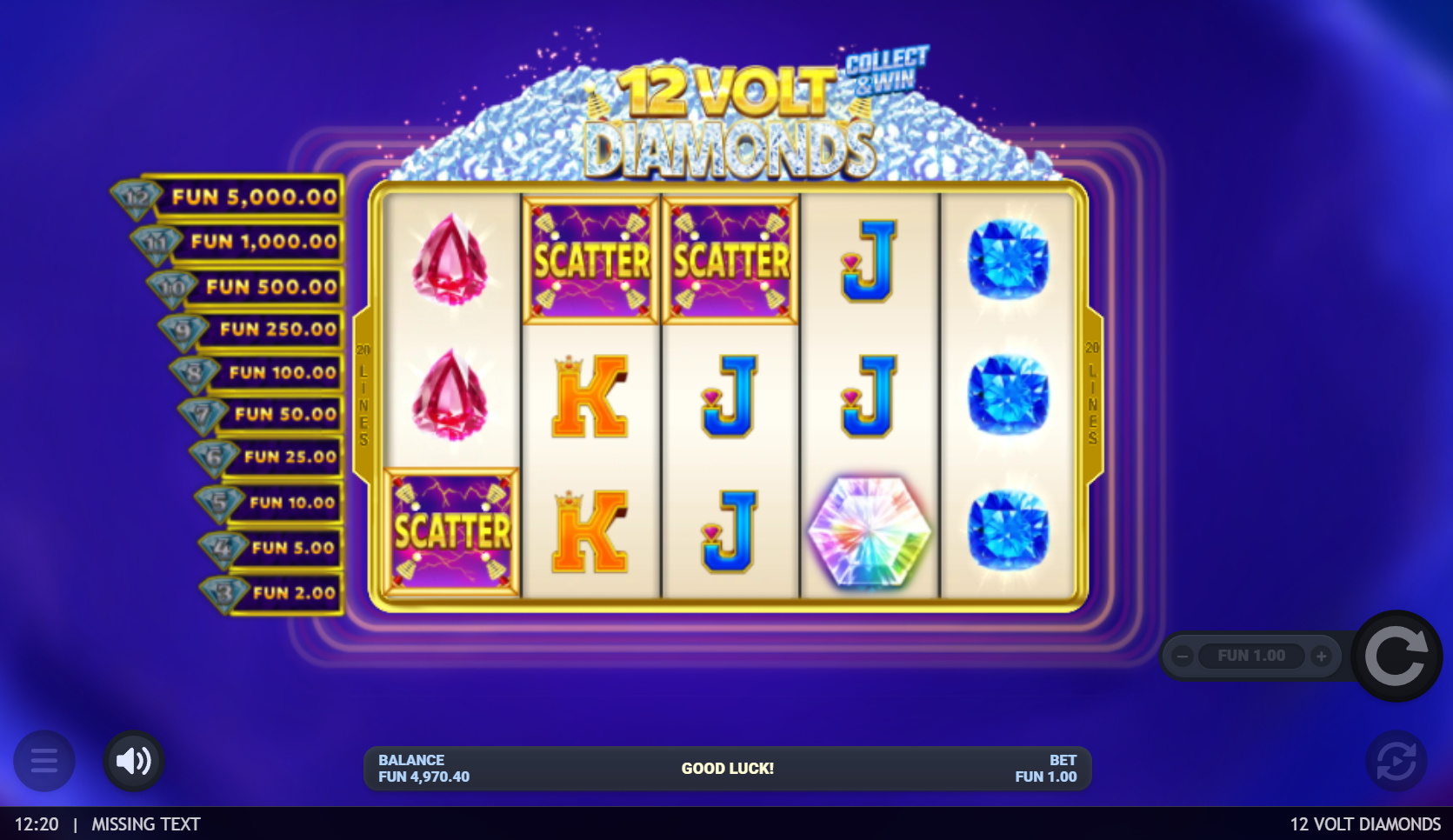 12 Volt Diamonds 3 scatter bonus trigger screenshot