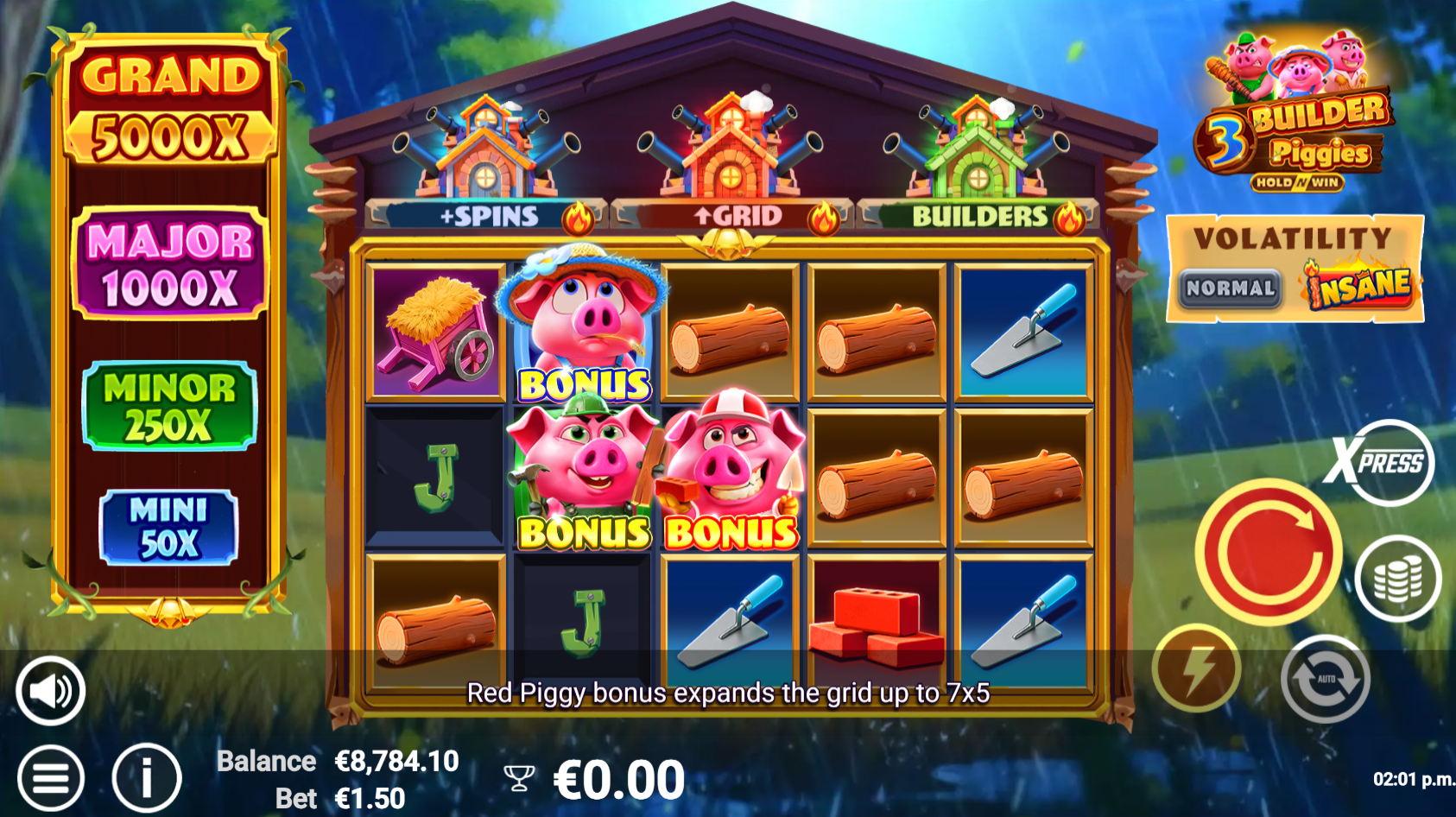 3 Builder Piggies Hold 'n' Win bonus symbols on the reels