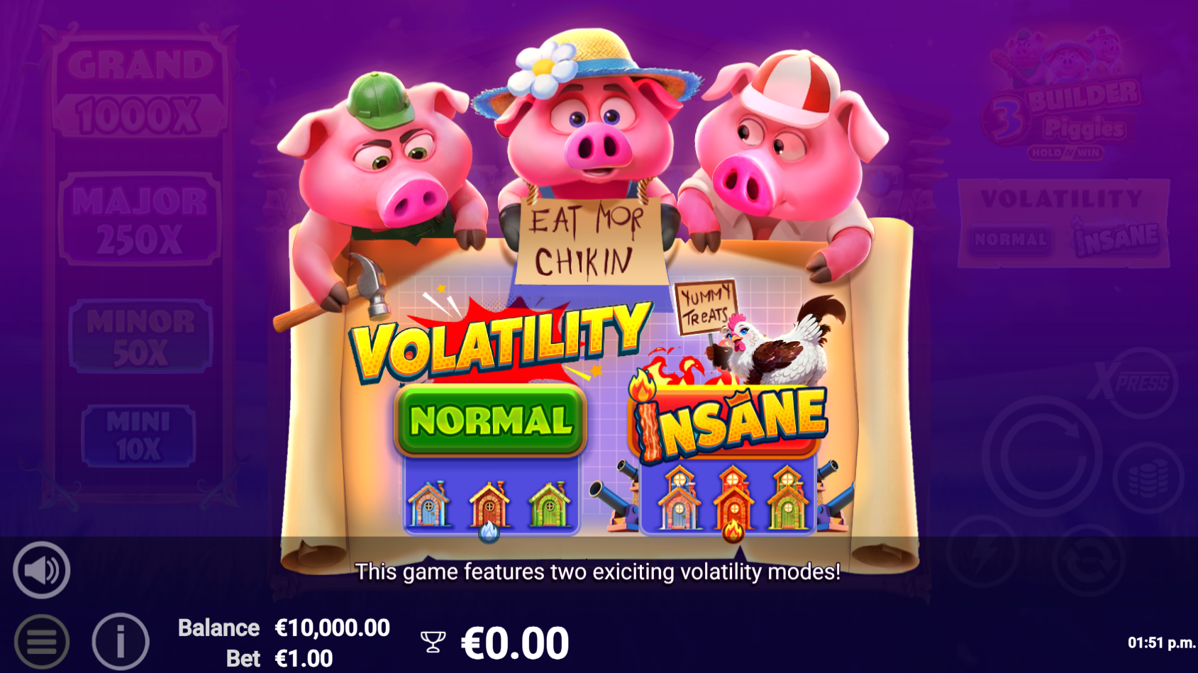 3 Builder Piggies Hold 'n' Win volatility switch Normal and Insane Mode