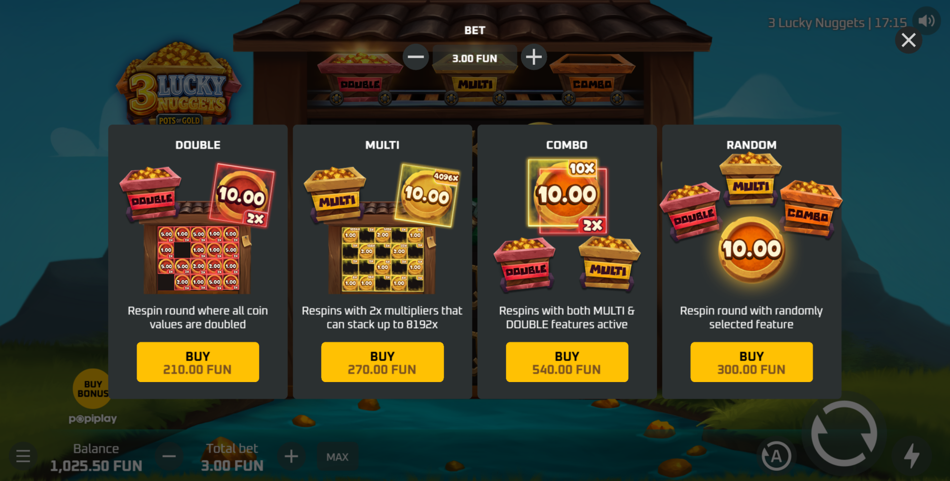 3 Lucky Nuggets Bonus Buy options - four direct feature access prices