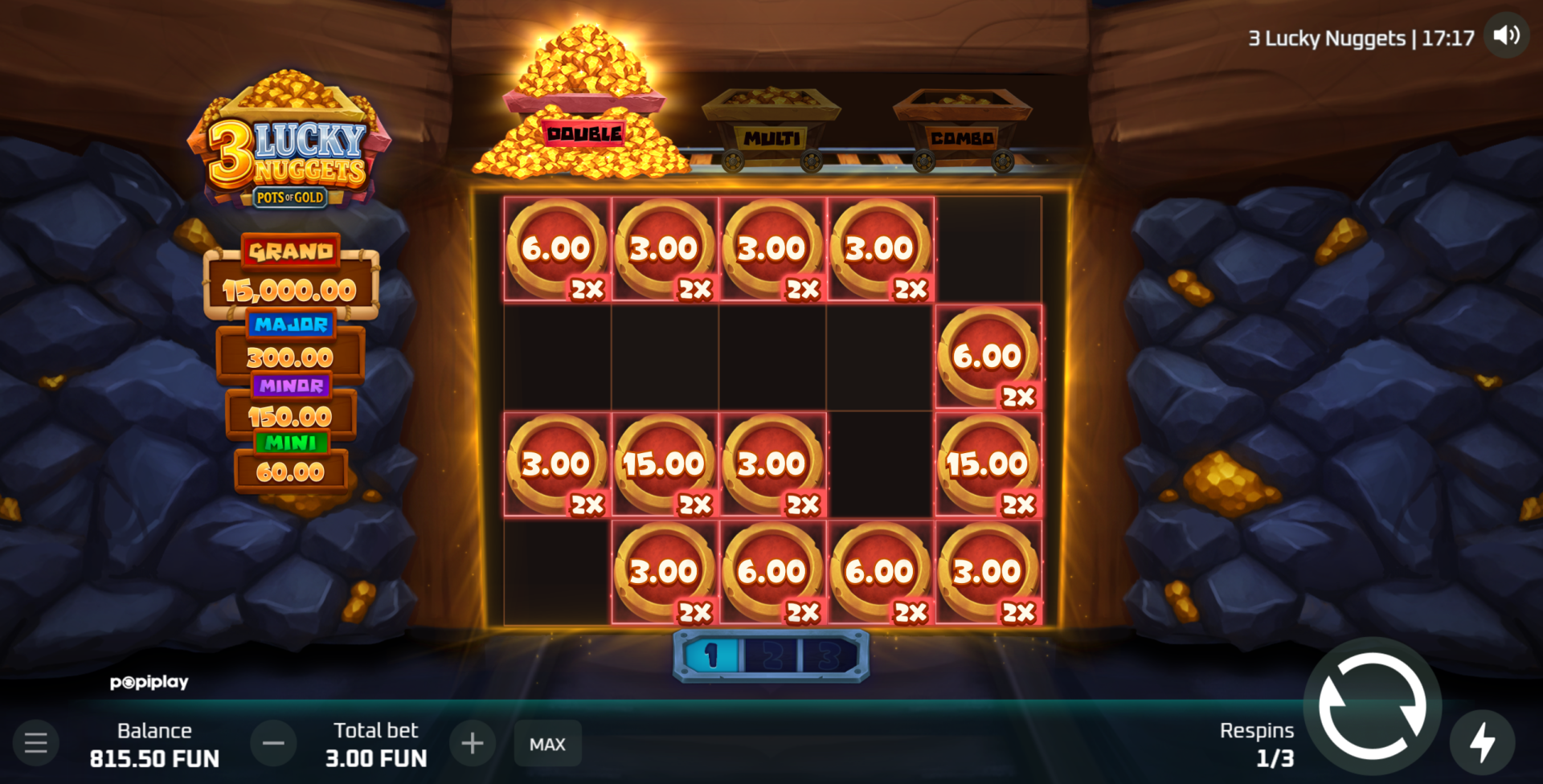 3 Lucky Nuggets Double Respin Feature - all collected Coin values doubled