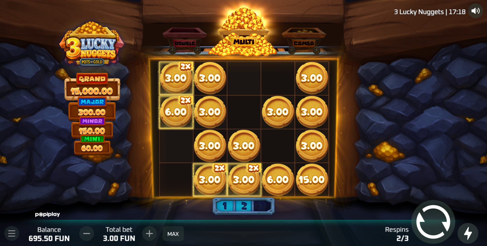 3 Lucky Nuggets Multi Respin Feature - stacking multipliers up to 8192x