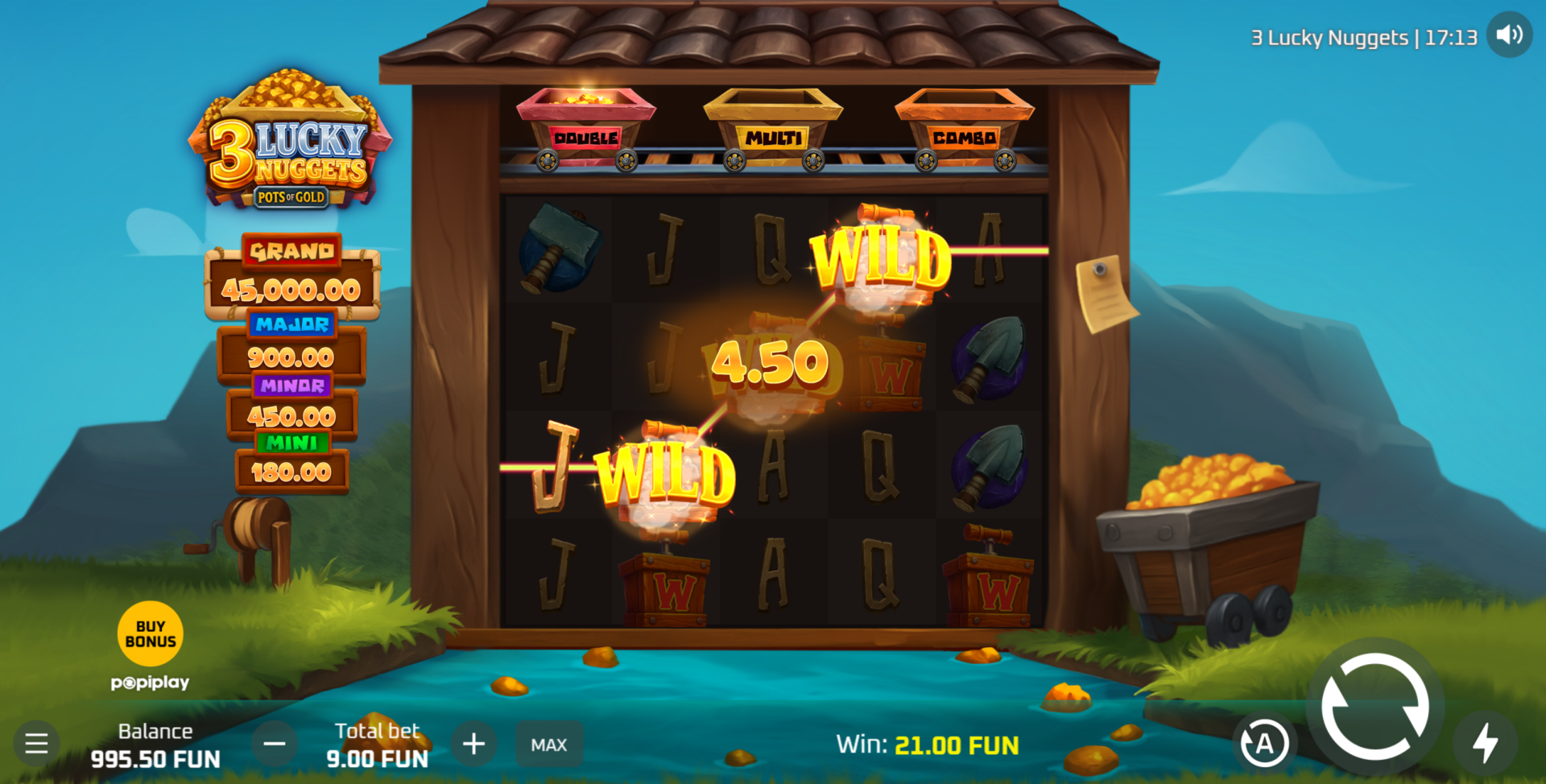 3 Lucky Nuggets Wild symbols appearing on reels 2 through 5