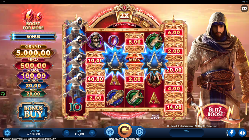 Assassin's Creed Mirage x Gold Blitz Ultimate DOUBLE X - base game reels showing 6,400 ways to win