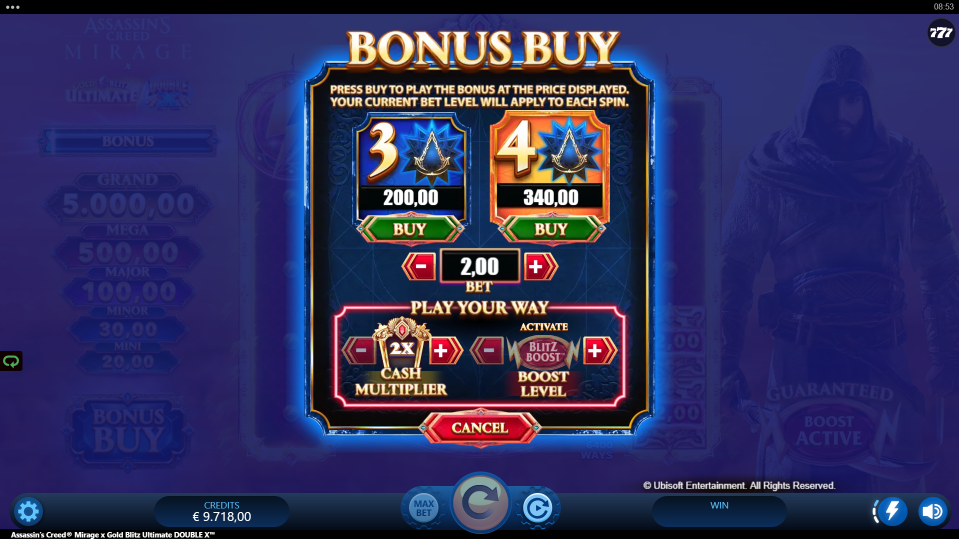 Assassin's Creed Mirage x Gold Blitz Ultimate DOUBLE X - Bonus Buy menu with free spins and multiplier options