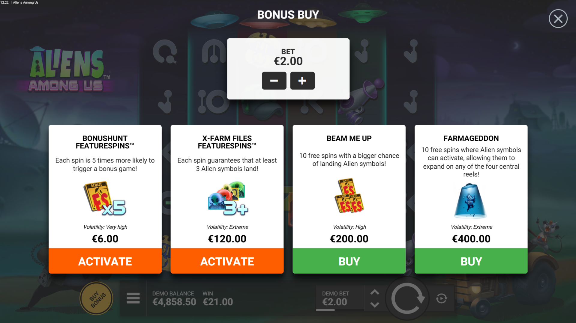 Aliens Among Us bonus buy options menu