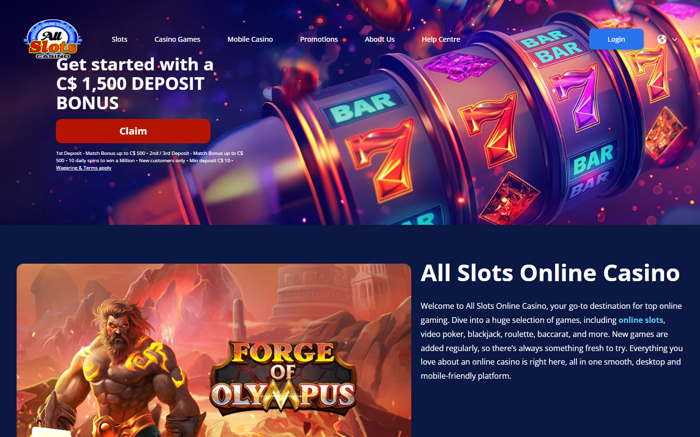 All Slots Online Casino homepage with a C$1,500 deposit bonus offer and glowing slot-reel hero graphic