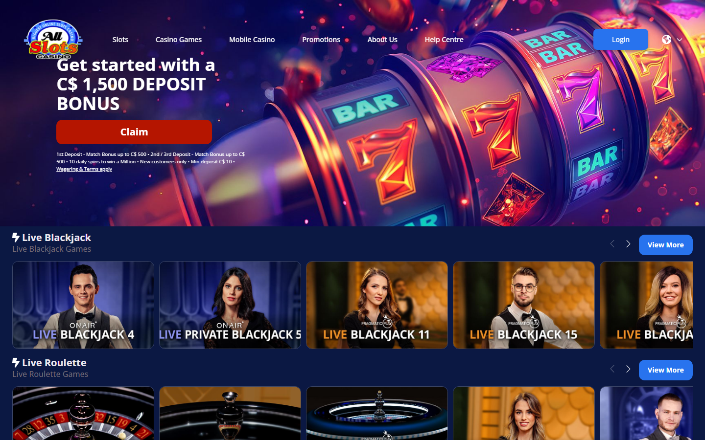 All Slots Casino live casino page with Live Blackjack and Live Roulette dealer tables from OnAir and Pragmatic Play