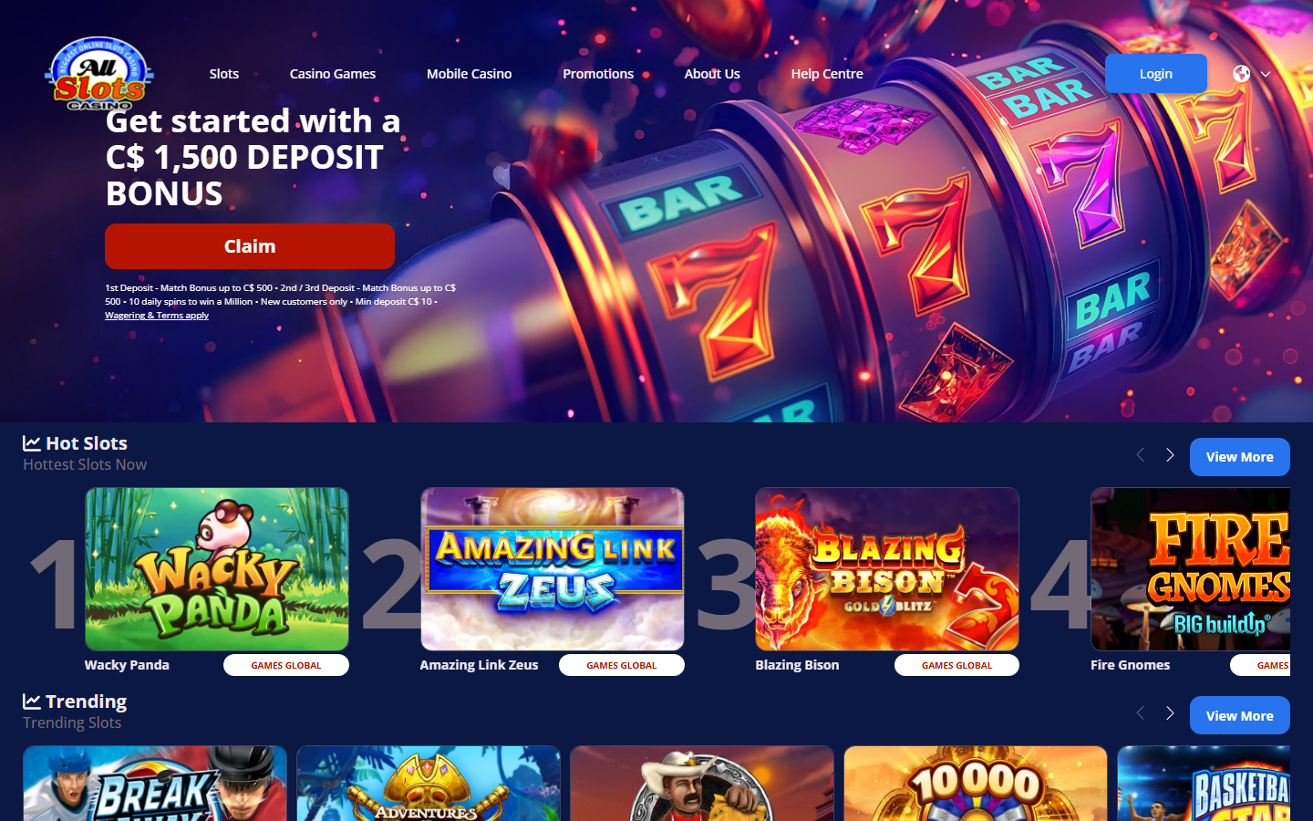 All Slots Casino slots page showing the Hot Slots ranking with Wacky Panda, Amazing Link Zeus and Blazing Bison tiles
