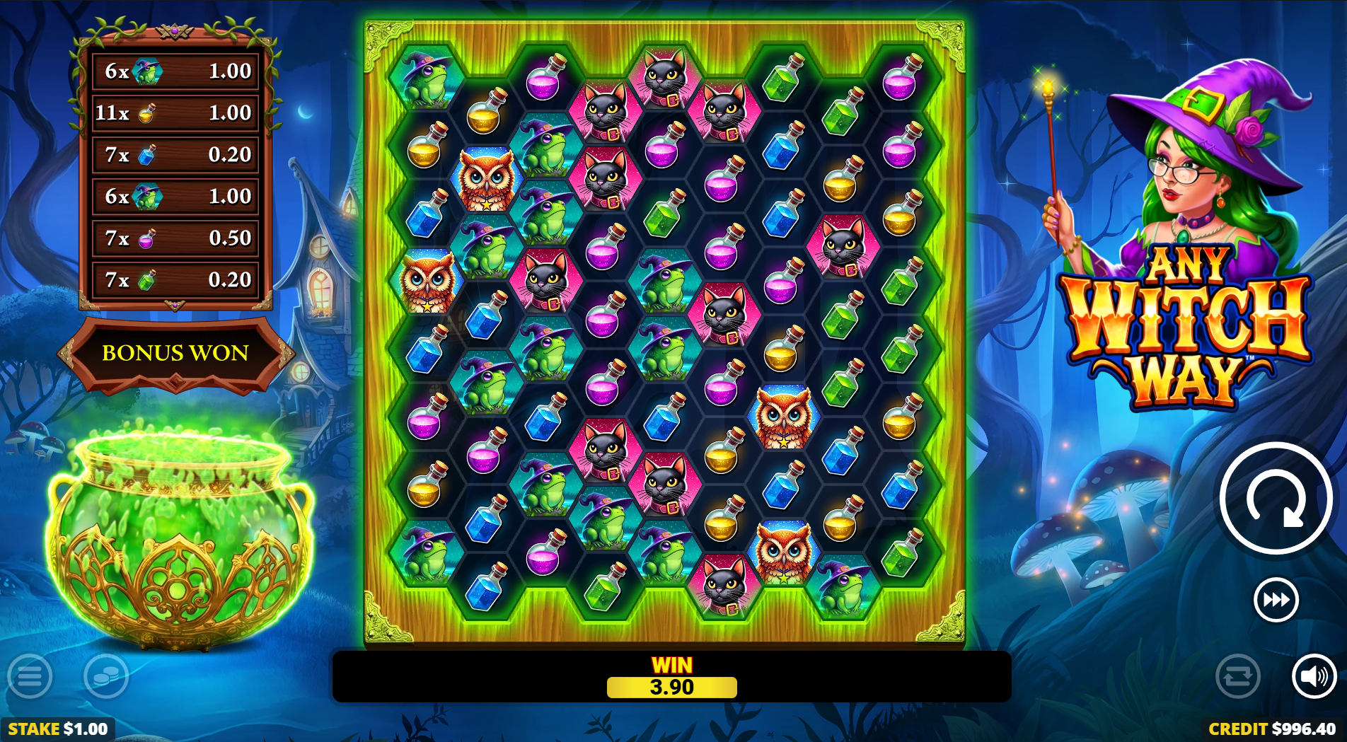 Any Witch Way base game showing the cauldron mechanic beside the 9x8 reels