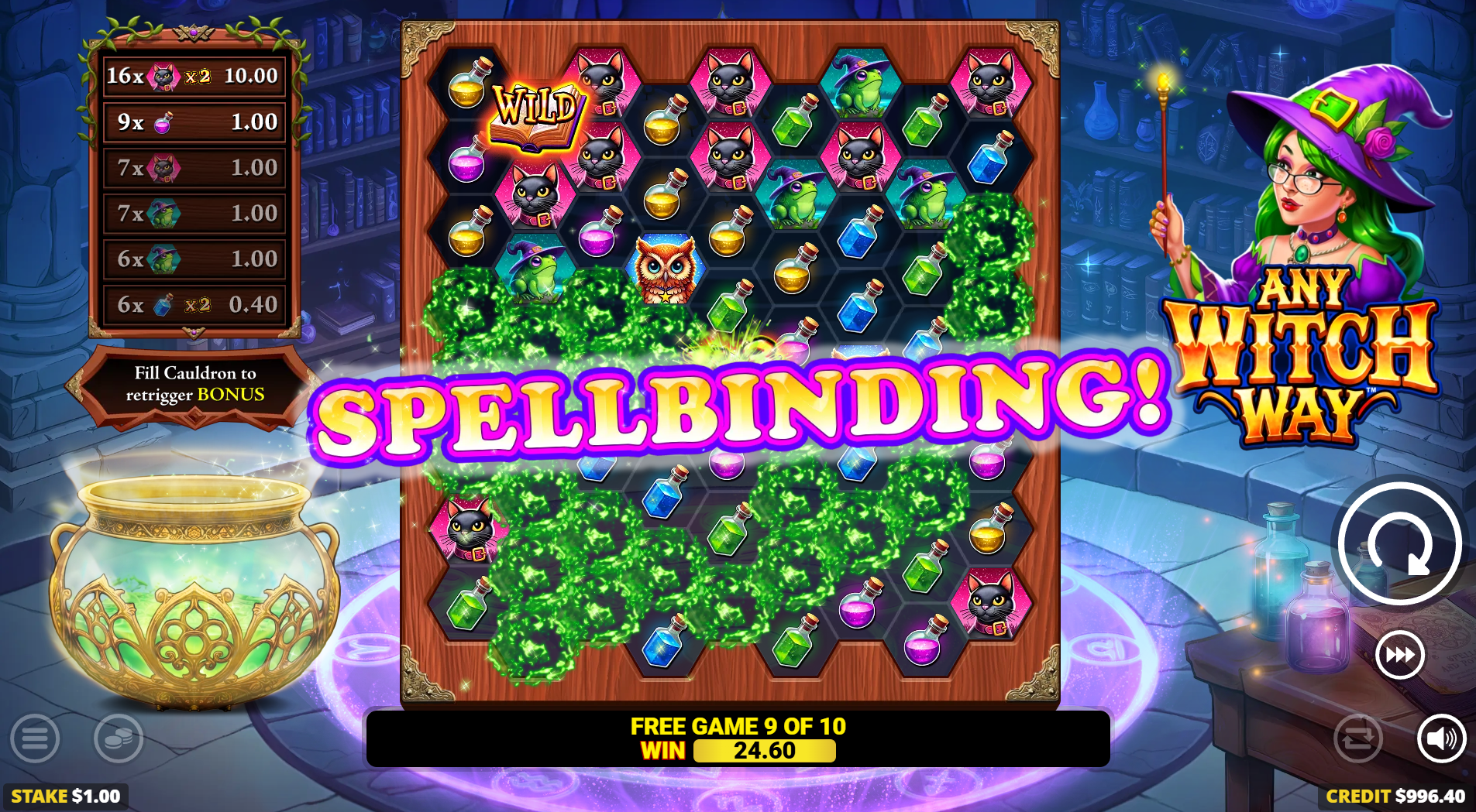 Any Witch Way Free Spins bonus round with Wild multipliers
