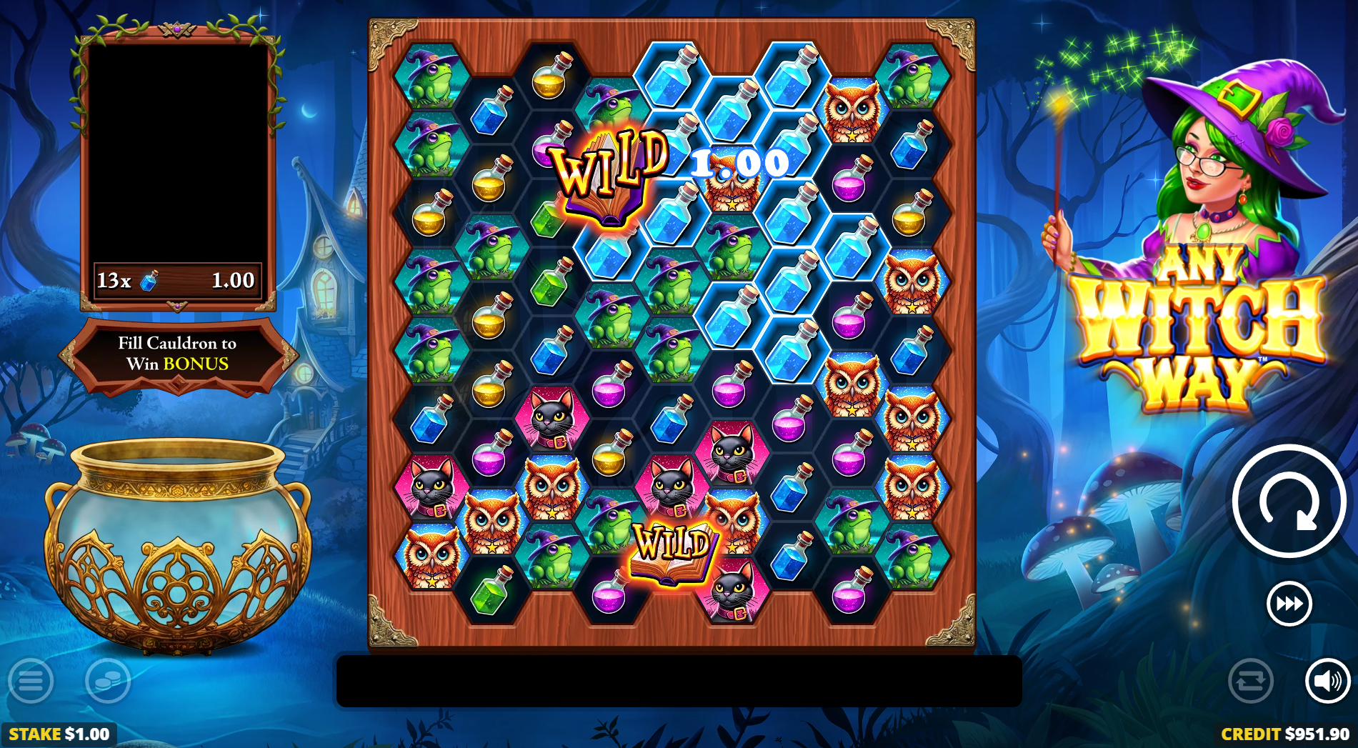 Any Witch Way cluster pay win on the 9x8 grid