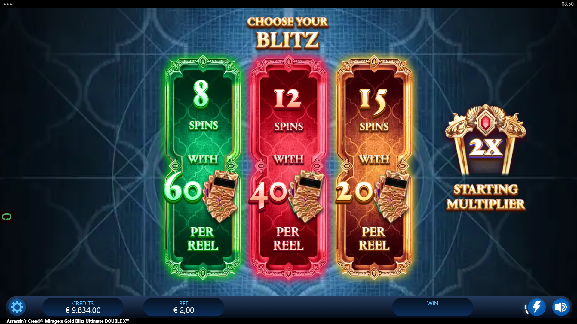Assassin's Creed Mirage x Gold Blitz Ultimate DOUBLE X - Choose Your Blitz Free Spins Bonus trigger screen