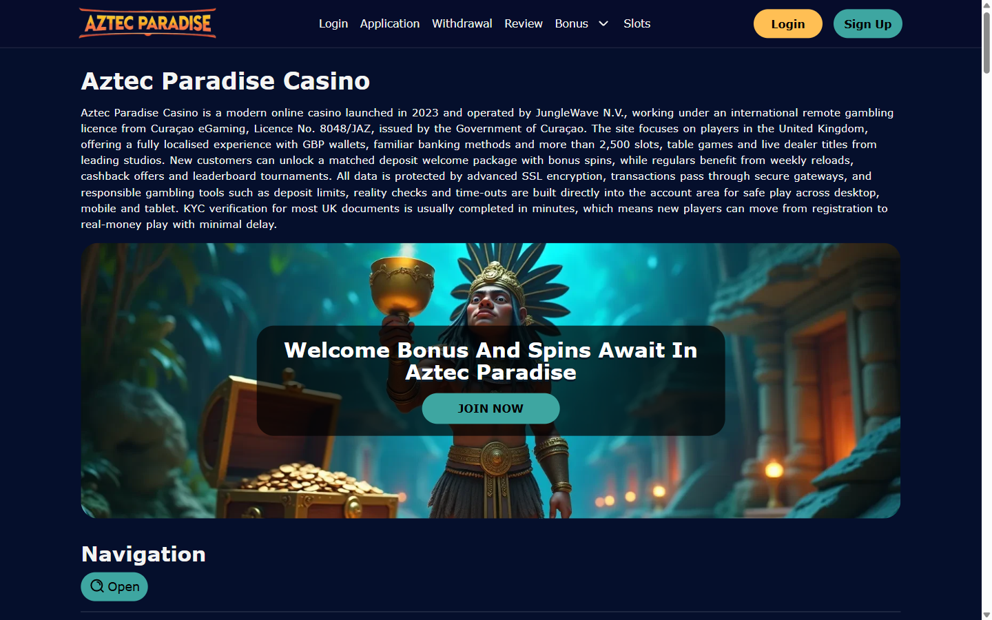 Aztec Paradise Casino homepage with an Aztec-themed welcome bonus hero reading Welcome Bonus and Spins Await in Aztec Paradise and a Join Now button