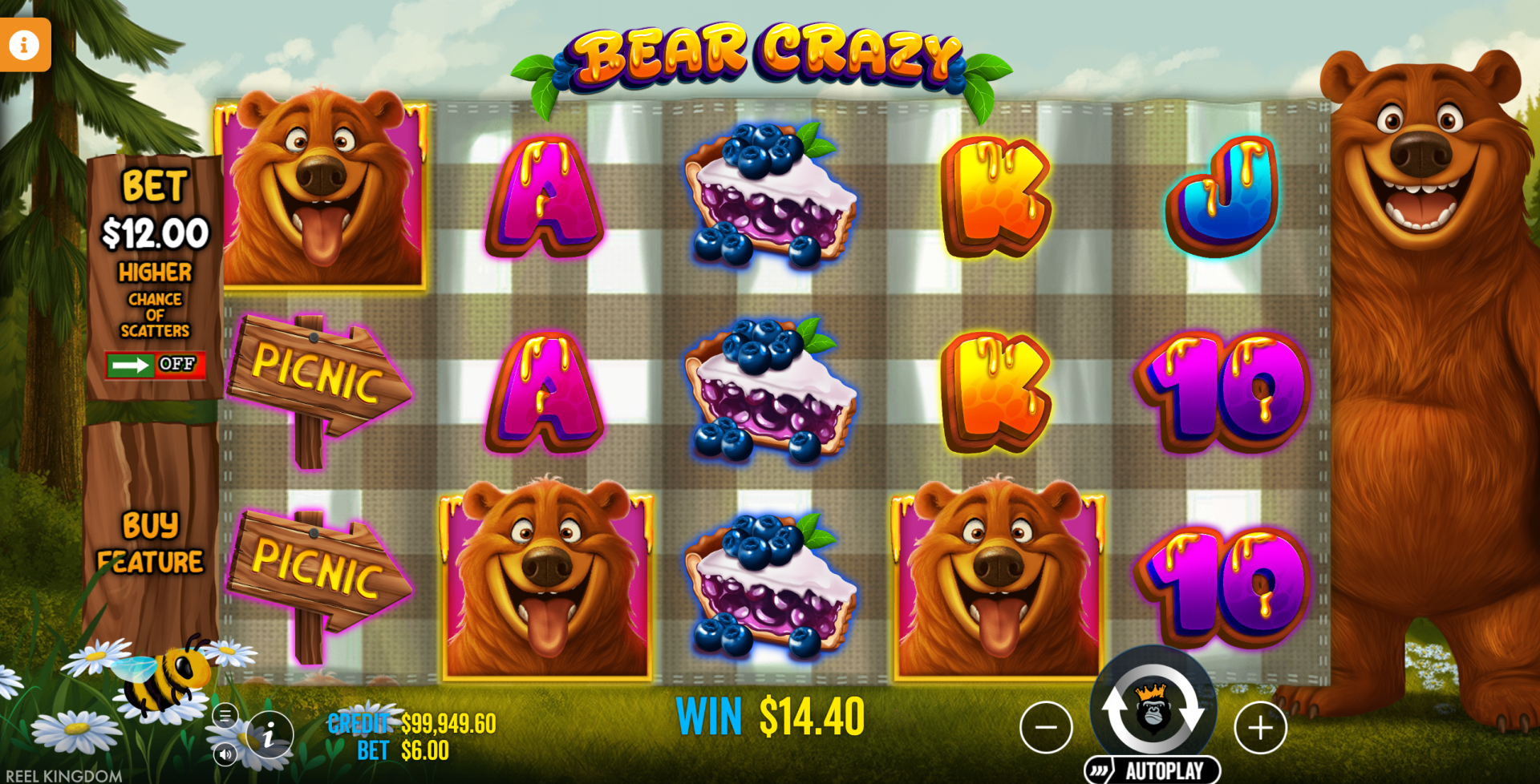 Bear Crazy slot base game showing 5x3 grid with bear symbols on a forest picnic theme