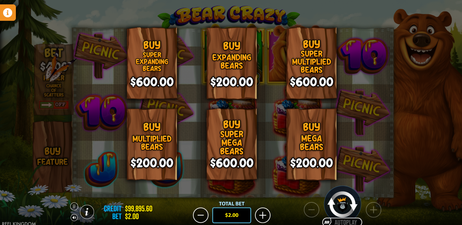 Bear Crazy bonus buy options screen showing 100x and 300x stake purchase options