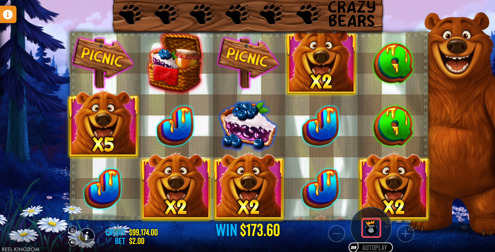 Bear Crazy Multiplier Bears bonus feature showing multiplier wilds up to 5x