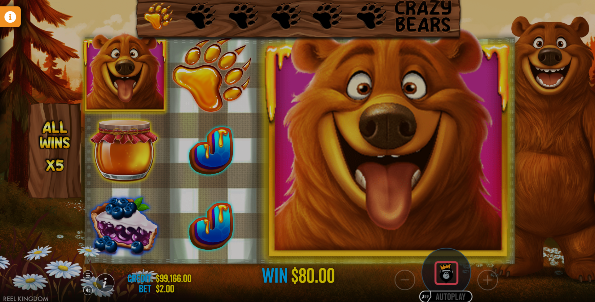 Bear Crazy Super Mega Bears bonus feature showing giant 3x3 bear symbol on middle reels