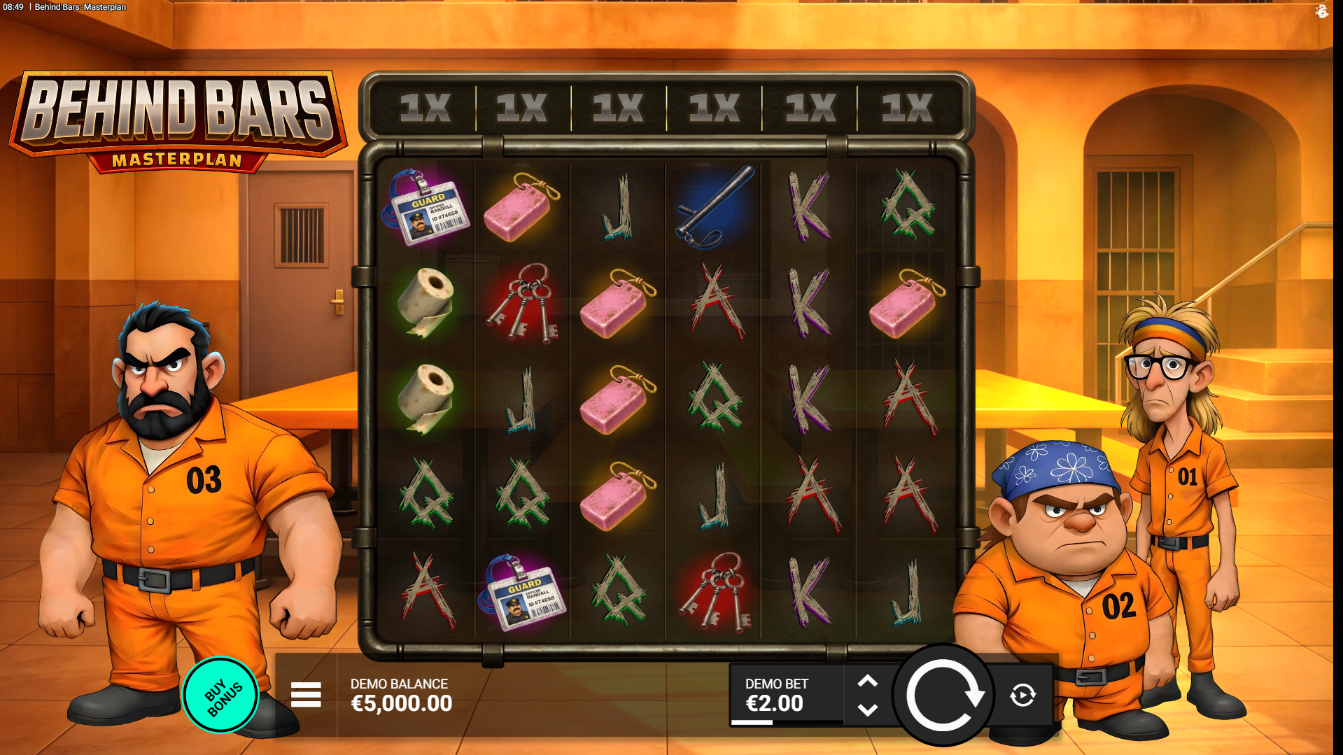 Behind Bars Masterplan base game showing 6x5 grid with 1x reel multipliers