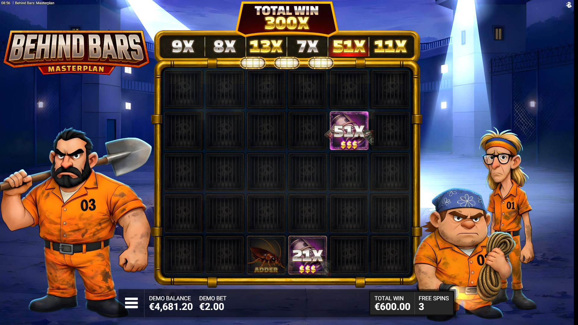 Behind Bars Masterplan free spins bonus mode showing 300x total win with reel multipliers reaching 51x