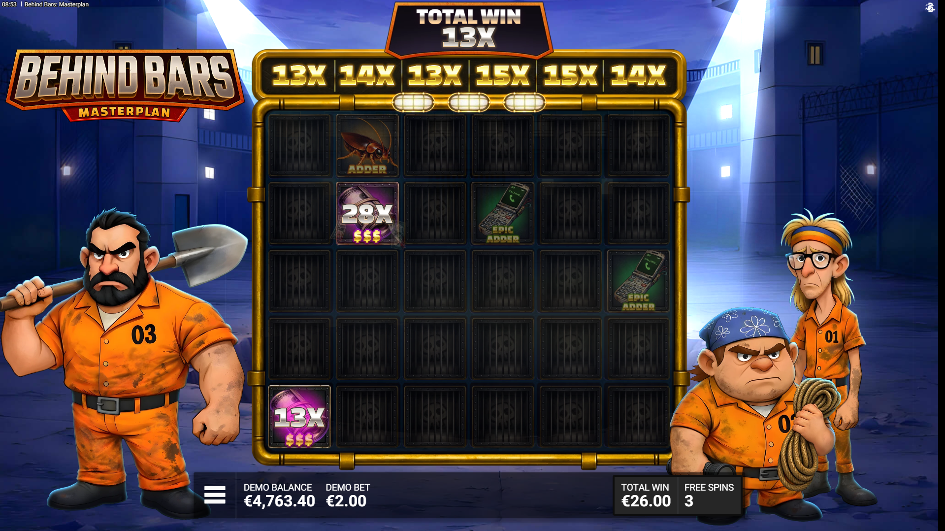 Behind Bars Masterplan free spins showing accumulated reel multipliers up to 15x and total win of 13x stake