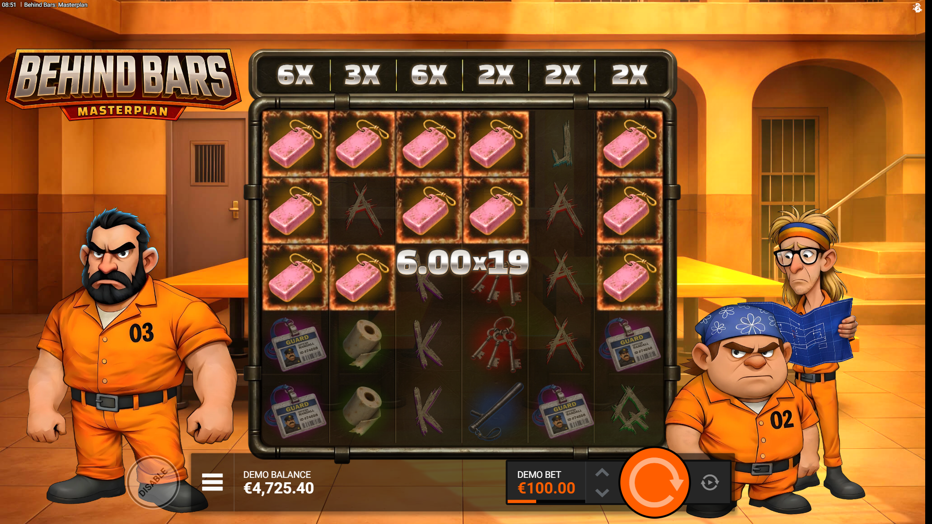 Behind Bars Masterplan reel multiplier feature showing 6x, 3x, 6x, 2x, 2x, 2x multipliers in the base game