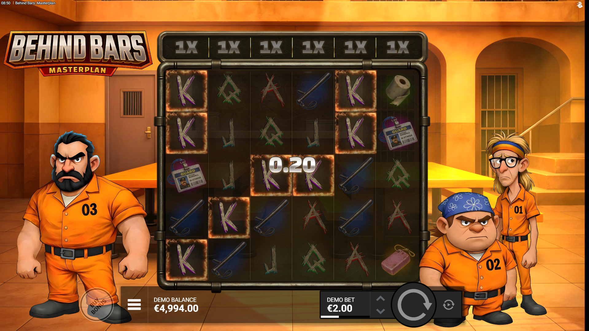 Behind Bars Masterplan scatter pays mechanic with matching symbols paying anywhere on the 6x5 grid