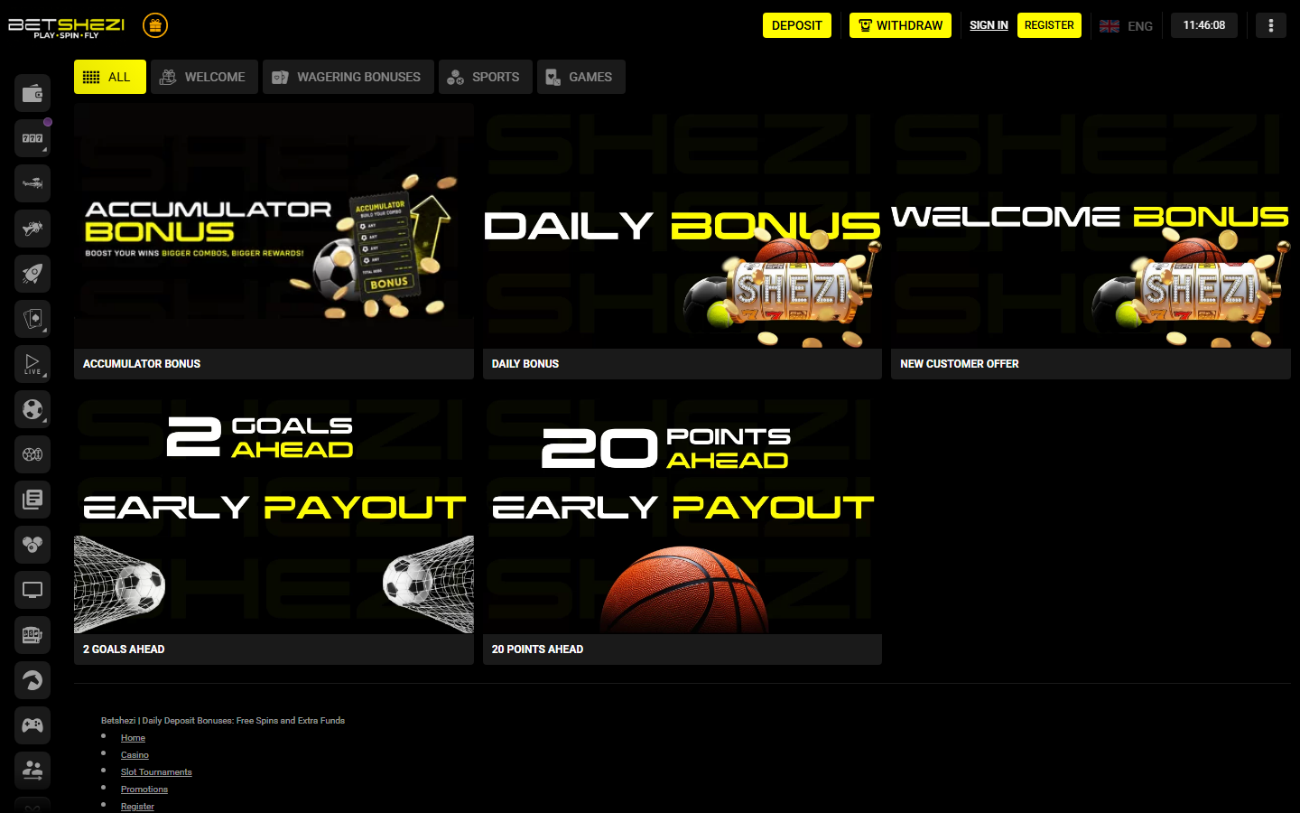 Bet Shezi promotions page displaying the Accumulator Bonus, Daily Bonus, Welcome Bonus and Early Payout offers across the All/Welcome/Wagering/Sports/Games tabs
