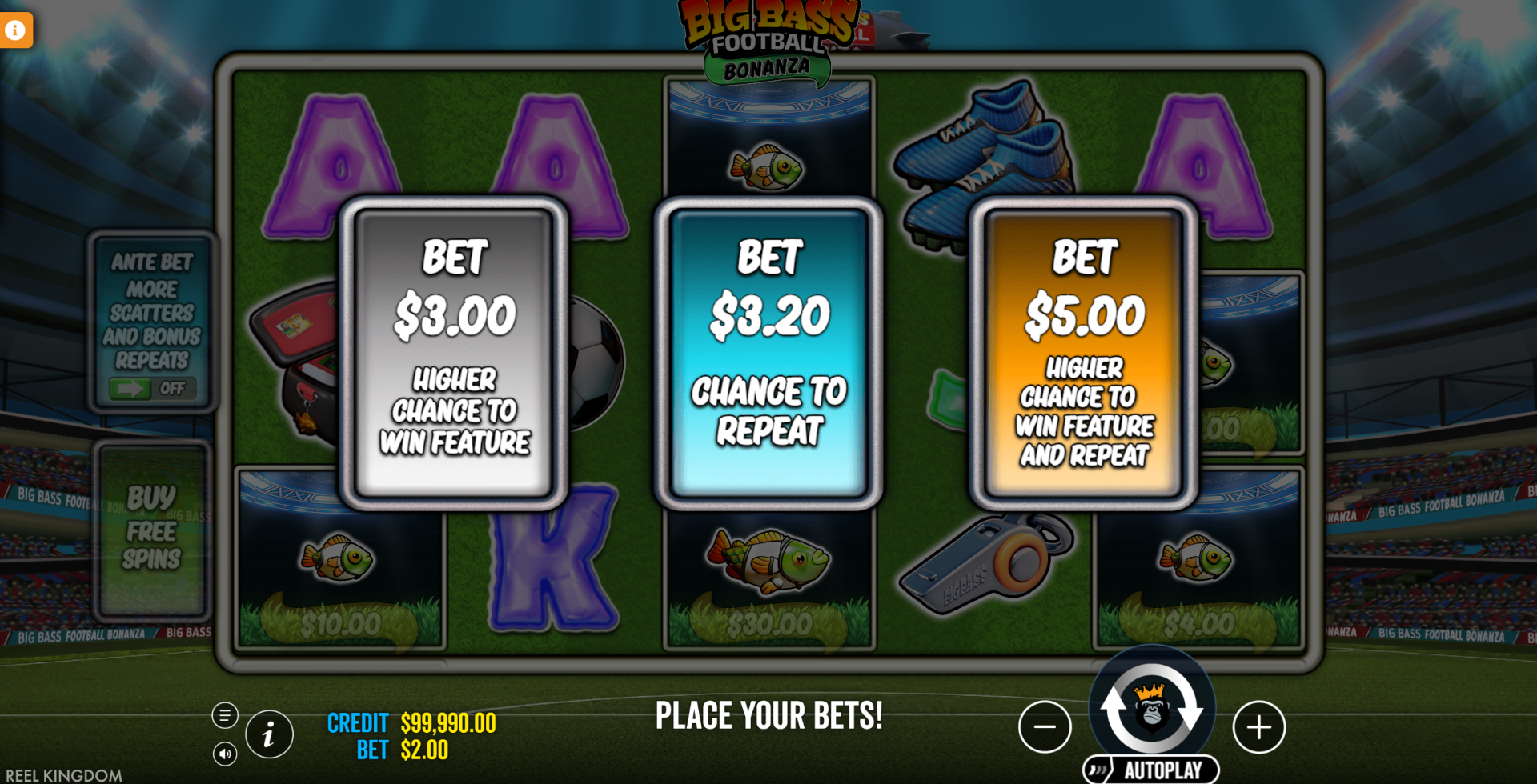 Big Bass Football Bonanza ante bet options showing 1.5x, 1.6x and 2.5x stake multipliers