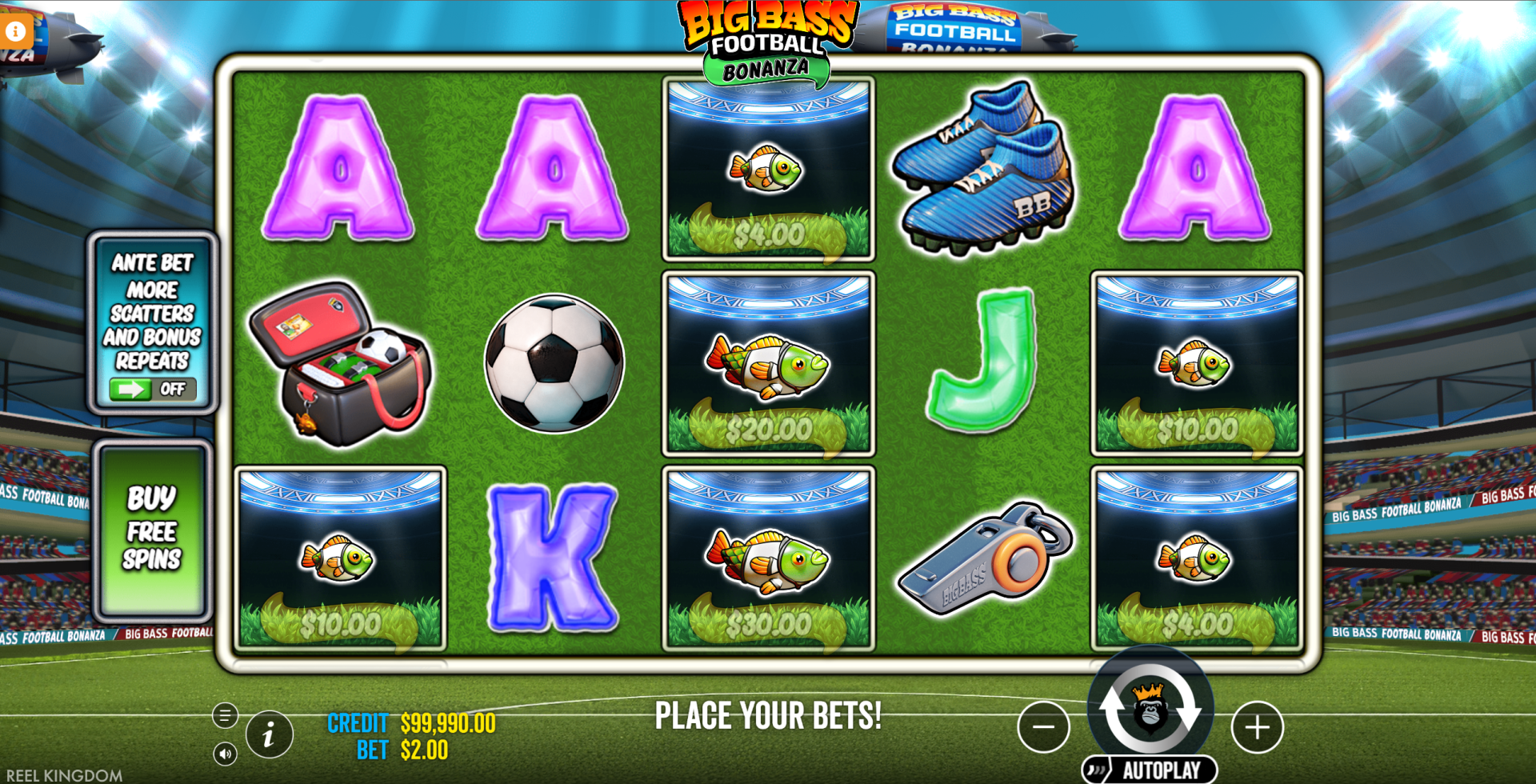 Big Bass Football Bonanza base game showing 5x3 reel grid with football-themed symbols