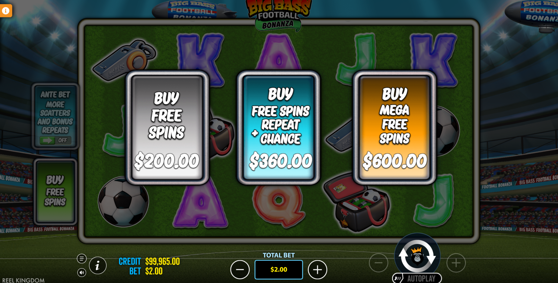 Big Bass Football Bonanza bonus buy options showing 100x, 180x and 300x stake costs