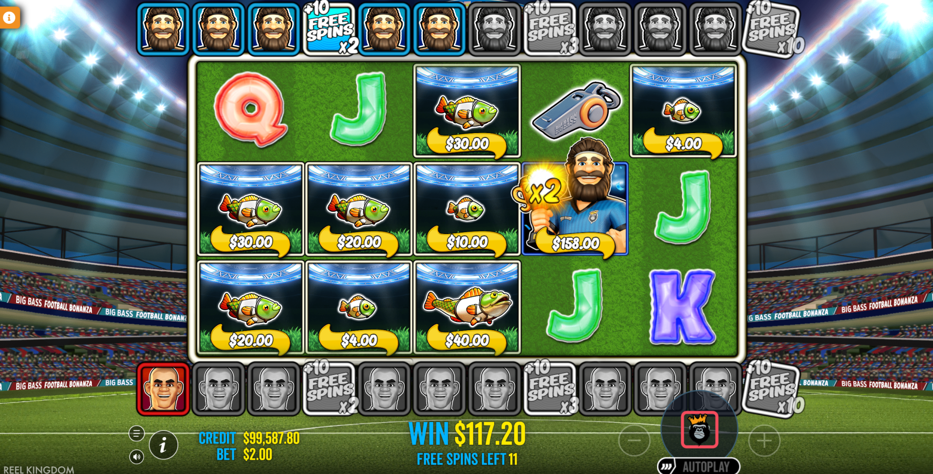 Big Bass Football Bonanza standard free spins bonus round with fisherman wilds collecting money symbols