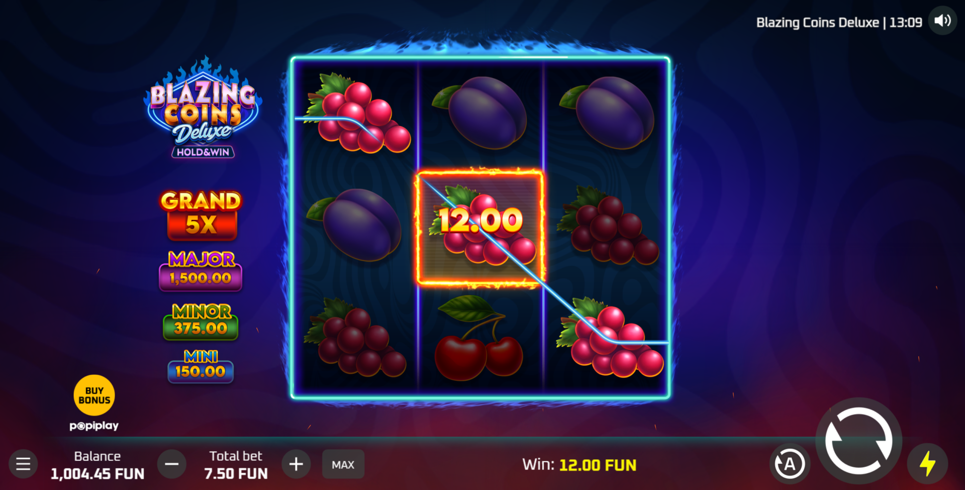 Blazing Coins Deluxe Hold & Win base game showing 3-reel retro fruit layout