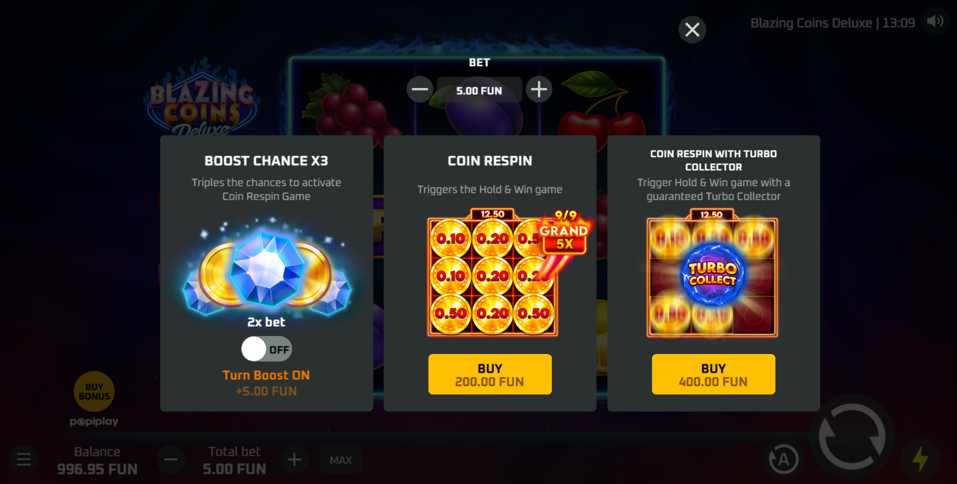 Blazing Coins Deluxe Hold & Win bonus buy options screen