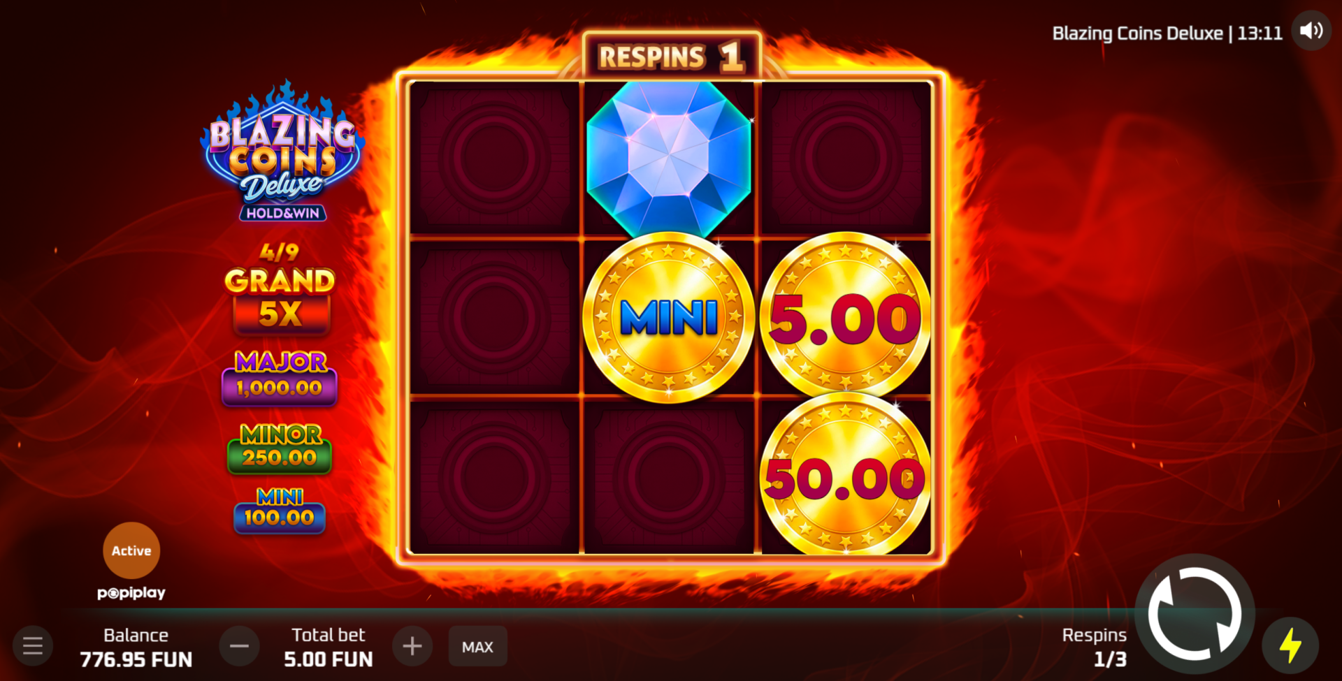 Blazing Coins Deluxe Hold & Win coin respin Hold and Win feature active