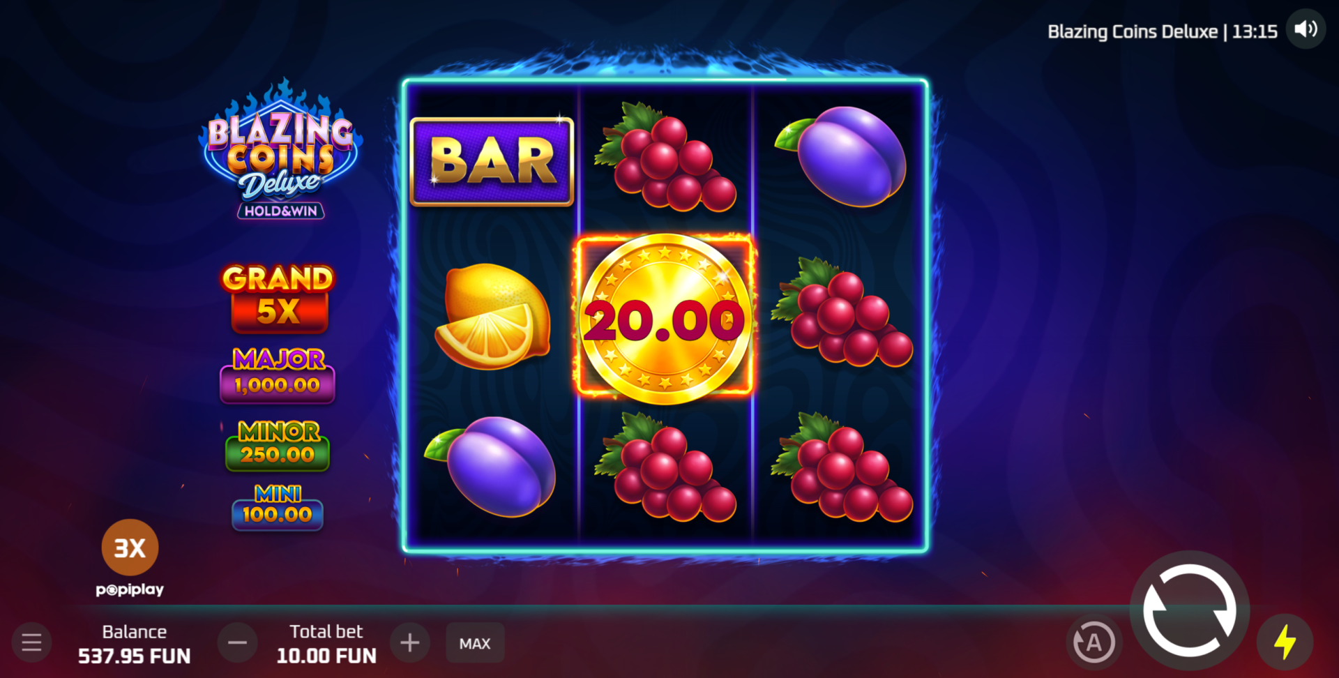 Blazing Coins Deluxe Hold & Win coin respin with Boost Chance x3 activated