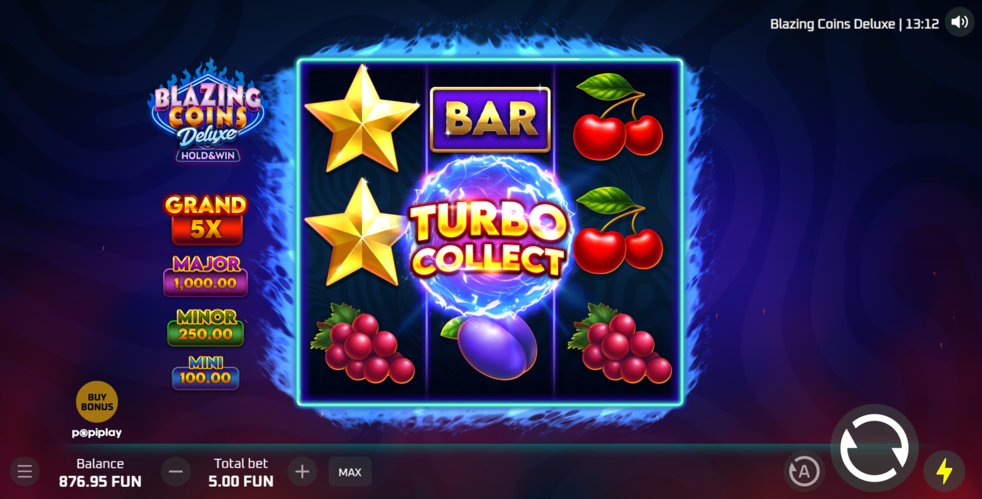 Blazing Coins Deluxe Hold & Win coin respin with Turbo Collector active