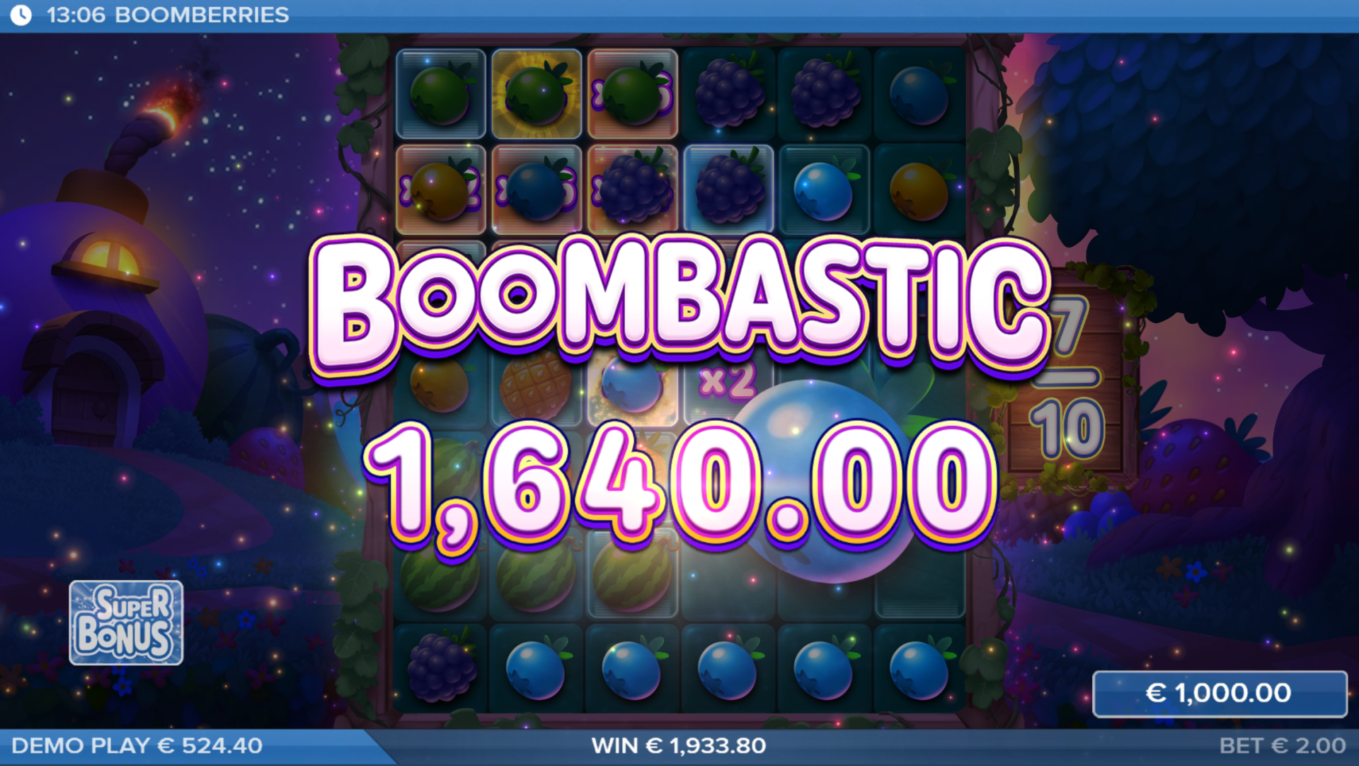 Boomberries slot Super Bonus Game big win screen