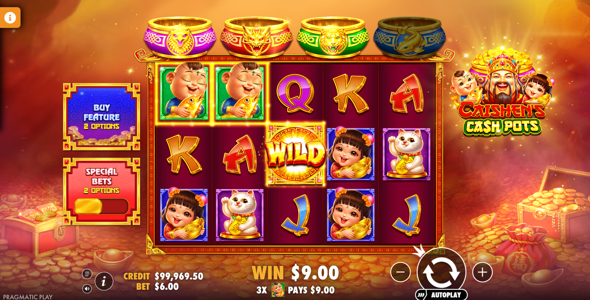 Caishen's Cash Pots base game screenshot showing the 5x3 reel grid