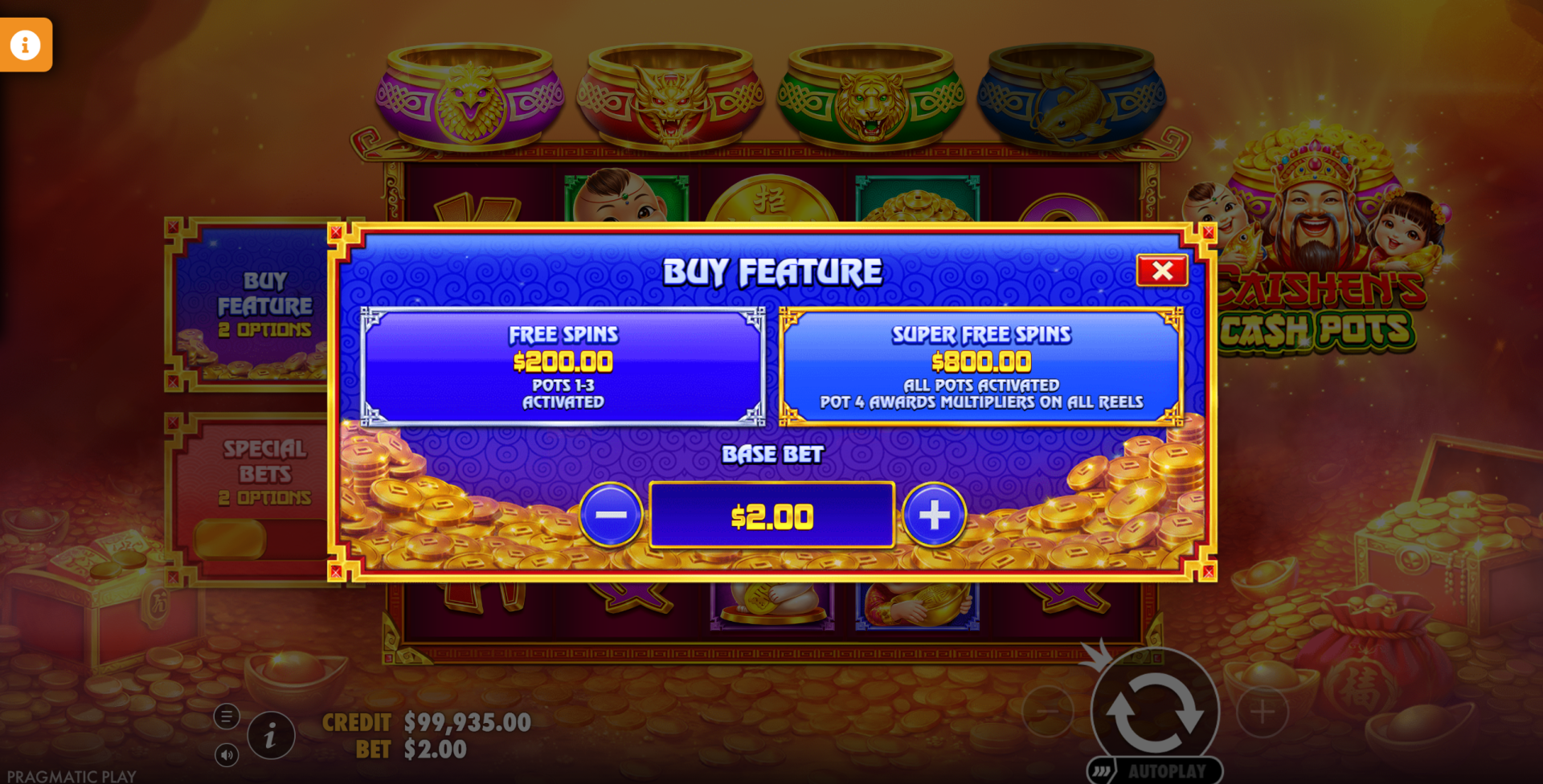 Caishen's Cash Pots bonus buy option showing 100x and 400x purchase options