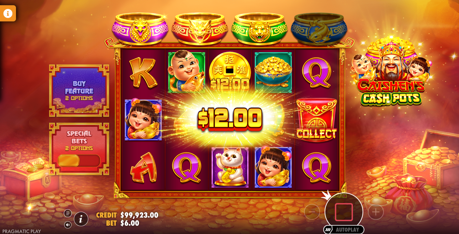 Caishen's Cash Pots Money Collect feature with collect symbol on reel 5