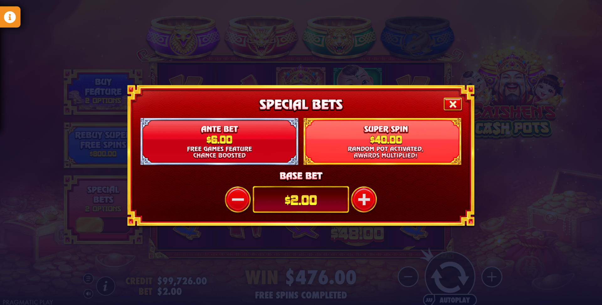 Caishen's Cash Pots special bets menu showing Ante Bet and Super Spins options