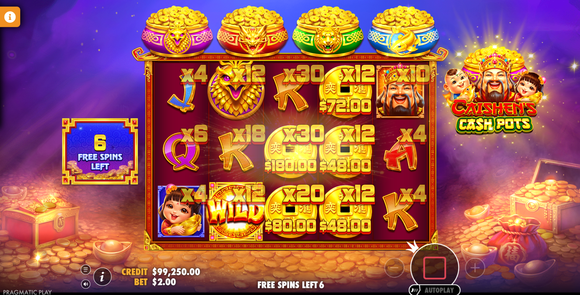 Caishen's Cash Pots big win during super free spins